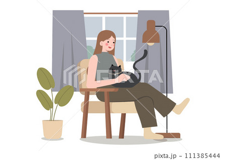 Happily cuddling beloved cat, Experiencing joy and comfort of pet ownership, Pet Adoption concept. Cartoon Vector Illustration 111385444