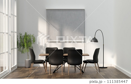 Blank horizontal poster frame in Dining room wall mock up with dining set, wooden table on wooden floor. 3d rendering, illustration 111385447