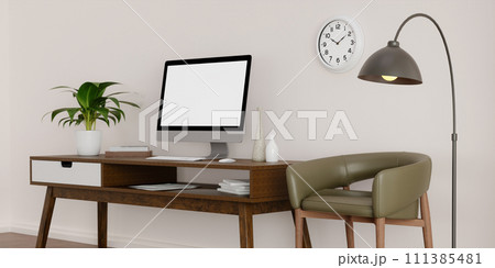 A modern PC computer blank screen mockup is on a table in a modern minimal home office. 3d render illustration 111385481