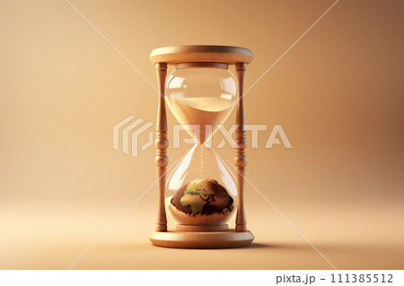 AI-generated content. Earth day concept - Earth inside an hourglass, with sand running out to signify the urgency of environmental action 111385512