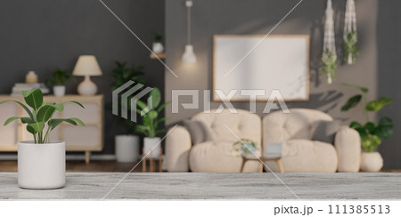 A blank top space with Modern Living room with sofa and decorate plant Minimal style 3d render, white wall and wood floor 3d render, 111385513