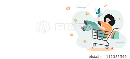 young woman sitting in shopping cart. Sales during shopping and purchase concept. Shopping and sales pleasure in the shop. Vector illustration young woman sitting in shopping cart. Sales during shopping and purchase concept. Shopping and sales pleasure in the shop. Vector illustration 111385546
