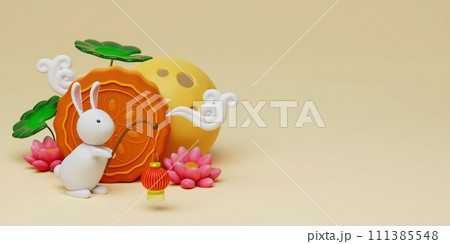 3d Rabbit holding lanterns with baked mooncake and lotus, full moon on yellow background. Chinese palace aside. Translation: Happy mid autumn festival. 3d render 3d Rabbit holding lanterns with baked mooncake and lotus, full moon on yellow background. Chinese palace aside. Translation: Happy mid autumn festival. 3d render 111385548