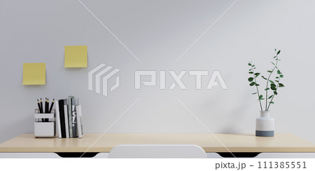 Creative workspace. Home office wood desk workspace. supplies on office workplace. Modern interior design concept. 3d rendering. 111385551