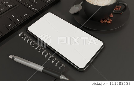 Black office desk table with laptop, smartphone and supplies. telephone mockup. interior design concept. 3d rendering. 111385552
