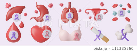 Cancer 3D symbol icon set. World Cancer Day concept, Raise awareness, prevention, detection, treatment. Icon design 3d illustration 111385560