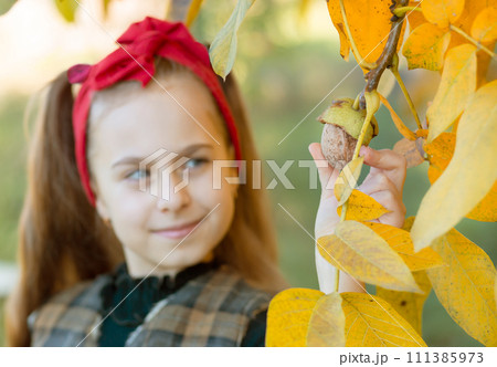 Smiling girl with red headband holds bowl of walnuts with autumn leaves in the background, focus on the nut Smiling girl with red headband holds bowl of walnuts with autumn leaves in the background, focus on the nut 111385973
