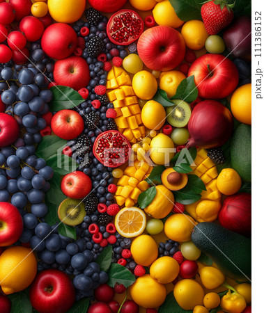 Background of bright fruits. Ripe fruits apples, bananas, grapes, kiwi, avocado, raspberry on a stone background. Copy space. 111386152