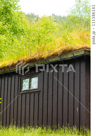 Norwegian house with grass roof Norwegian house with grass roof 111386181