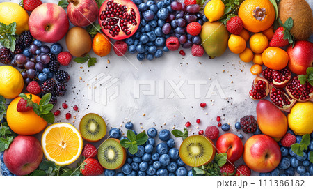 Horizontal background of bright fruits. Ripe fruits apples, bananas, grapes, kiwi, avocado, raspberry on a stone background. Copy space. Horizontal background of bright fruits. Ripe fruits apples, bananas, grapes, kiwi, avocado, raspberry on a stone background. Copy space. 111386182