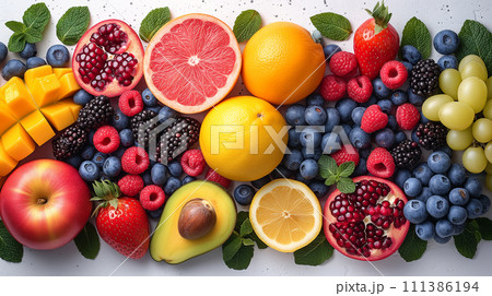 Horizontal background of bright fruits. Ripe fruits apples, bananas, grapes, kiwi, avocado, raspberry on a stone background. Copy space. Horizontal background of bright fruits. Ripe fruits apples, bananas, grapes, kiwi, avocado, raspberry on a stone background. Copy space. 111386194