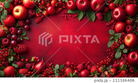 Vibrant array of red fruits and berries artfully arranged on rich crimson background Vibrant array of red fruits and berries artfully arranged on rich crimson background 111386406