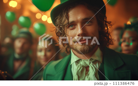 Happy St. Patrick's Day. Man in green hat celebrates St. Patrick's Day surrounded by crowd and green in festive atmosphere. 111386476