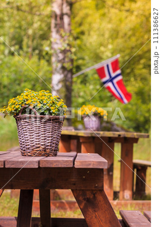 norwegian flag and green picnic site norwegian flag and green picnic site 111386627