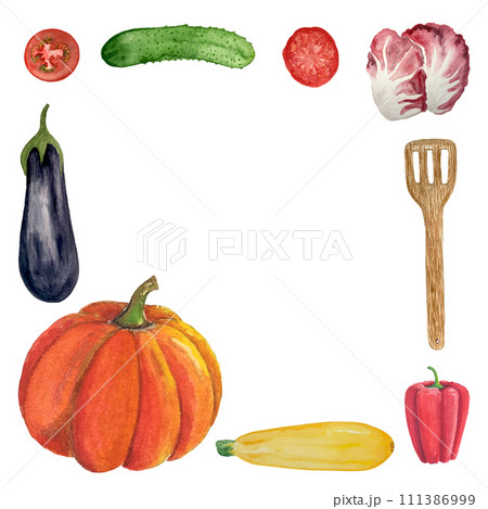 Watercolor hand drawn vegetable frame isolated on white Watercolor hand drawn vegetable frame isolated on white 111386999