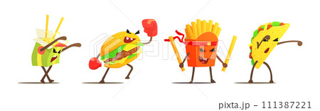 Humanized Fast Food Funny Characters Fighting Vector Set 111387221