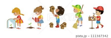 Little Children Loving Planet Taking Care of Earth and Environment Vector Set 111387342