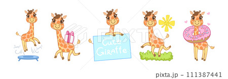 Cute Little Giraffe with Long Neck in Different Activity Vector Set 111387441