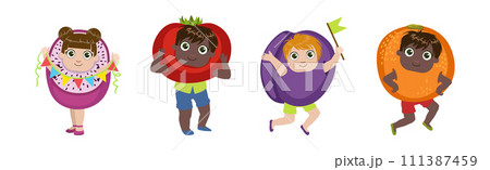 Cute Kid Character in Fruit and Vegetable Costume Vector Set 111387459