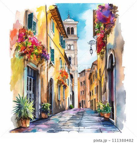 AI-generated content. Sketch of architecture old town. Sun flowers city street Watercolor artwork. Ai Art. AI-generated content. Sketch of architecture old town. Sun flowers city street Watercolor artwork. Ai Art. 111388482