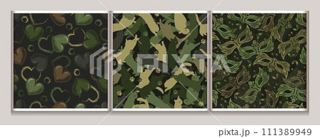 Khaki green camo patterns with silhouettes of cats, hearts, head carnival masks. Dense composition with overlapping elements. For apparel, fabric, textile, sport goods design Khaki green camo patterns with silhouettes of cats, hearts, head carnival masks. Dense composition with overlapping elements. For apparel, fabric, textile, sport goods design 111389949