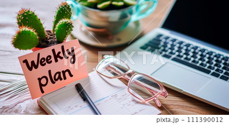 open diary on table with writing surrounded by open laptop, glasses, pen, potted cactus and cup of coffee sign with the inscription Weekly plan . Generative AI open diary on table with writing surrounded by open laptop, glasses, pen, potted cactus and cup of coffee sign with the inscription Weekly plan . Generative AI 111390012