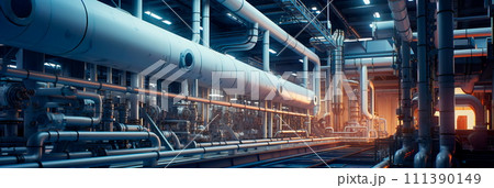 pipeline distribution network in an industrial complex, connecting different production facilities. Generative AI 111390149