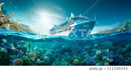 cruise ship sailing on crystal clear seas as a symbol of an unforgettable sea voyage. Generative AI 111390243