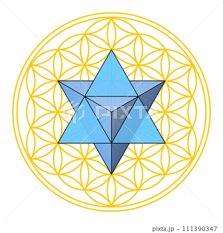 Flower of Life with Merkaba, Sacred Geometry. Star tetrahedron, a double tetrahedron, positioned in in the center of geometrical figure, composed of overlapping circles, forming a flower-like pattern. Flower of Life with Merkaba, Sacred Geometry. Star tetrahedron, a double tetrahedron, positioned in in the center of geometrical figure, composed of overlapping circles, forming a flower-like pattern. 111390347