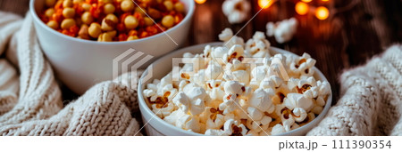 A cozy movie night at home with a selection of classic romantic films and white appetizers. 111390354