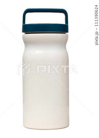 White tumbler with green lid isolated on white background 111390624