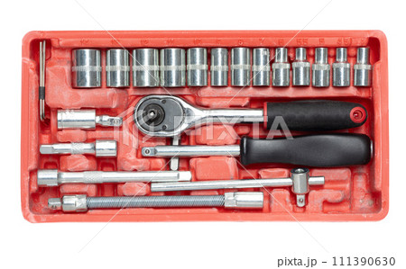 Set of mechanical tools in red plastic box. 111390630