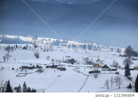 Winter landscape with small village houses between snow covered forest in cold mountains 111390804