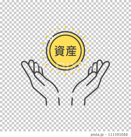 Asset text and icon of a person's hand holding a coin - Simple asset formation image material 111391088