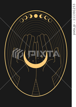 Abstract celestial emblem with human hands holding crescent and stars. Vector illustration 111391253