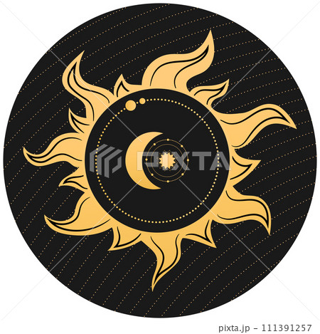 Abstract celestial emblem with a sun, crescent and star. Vector illustration 111391257