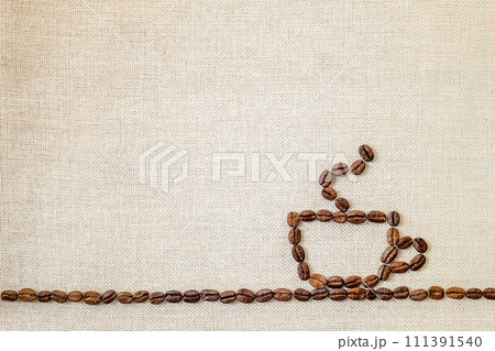 Burlap Sackcloth Canvas and Coffee Beans Photo Background. Copy Space. Coffee Border Burlap Sackcloth Canvas and Coffee Beans Photo Background. Copy Space. Coffee Border 111391540