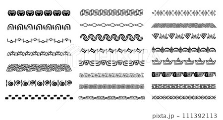 Set aztec tribal motive border in doodle hand drawn style from geometrical shapes isolated on white background. boho scandinavian srtoke, traditional native decor. Set aztec tribal motive border in doodle hand drawn style from geometrical shapes isolated on white background. boho scandinavian srtoke, traditional native decor. 111392113
