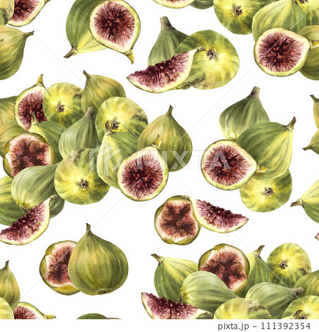 A pile of ripe juicy green purple figs, picked whole fruit seamless pattern Food plant clipart for fabric label wallpaper packaging textile Hand drawn watercolor illustration Isolated white background 111392354