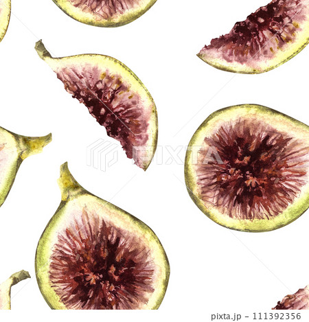Juicy ripe slices of cut green purple fig fruit seamless pattern. Food, plant clipart for fabric, label, wallpaper, packaging textile. Hand drawn watercolor illustration. Isolated on white background 111392356