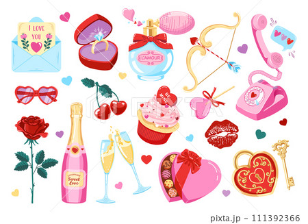 Valentine's day set of cute elements. Doodle sketches of romantic objects. Vector illustrations  111392366