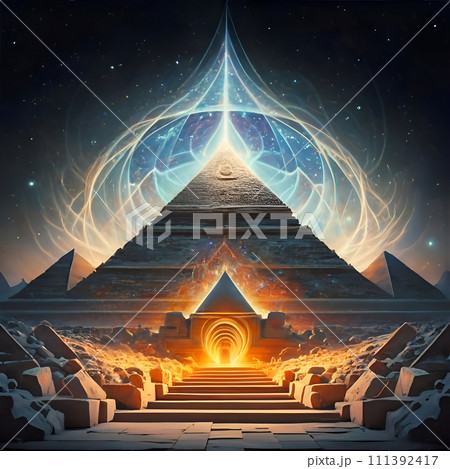 abstract view of four Dimension and ether, energy power, lost ancient civilizations. spiritual concept. digital artwork.  Ai generated 111392417