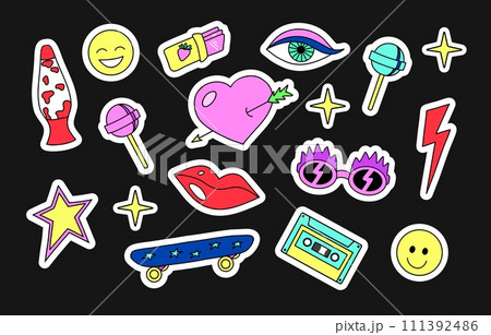 Sticker Collection of 90s. Retro devices and stuff badges. Hand drawn doodle stickers. 1990s 00s style vector illustration Sticker Collection of 90s. Retro devices and stuff badges. Hand drawn doodle stickers. 1990s 00s style vector illustration 111392486