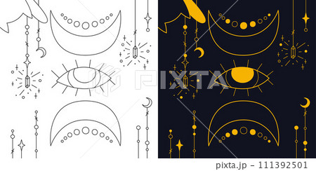 Mystical composition with the all-seeing eye and crescents. Two-color and black and white outline vector illustration. Mystical composition with the all-seeing eye and crescents. Two-color and black and white outline vector illustration. 111392501