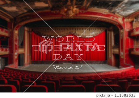 Old theater empty stage with red closed curtains, World Theater Day 111392633