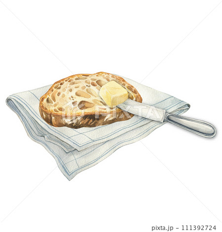 Watercolor slice of bread with butter and knife on napkin. Hand drawn illustration perfect for cooking book and menu 111392724