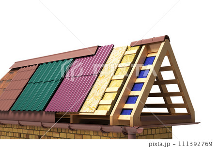 Concept roof of the house concept different types of roofing on a wooden frame 3d render on white Concept roof of the house concept different types of roofing on a wooden frame 3d render on white 111392769