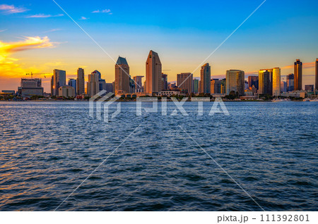 Sunset skyline of San Diego downtown viewed from Coronado Island Sunset skyline of San Diego downtown viewed from Coronado Island 111392801