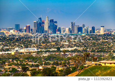 Skyline of Los Angeles in California from Kenneth Hahn State Park 111392821