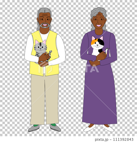 Old black couple holding a cat, white background 111392843